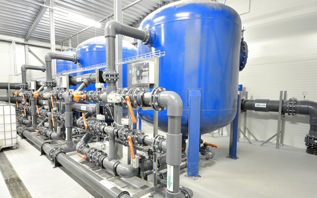 new plastic pipes and colorful equipment in industrial boiler ro